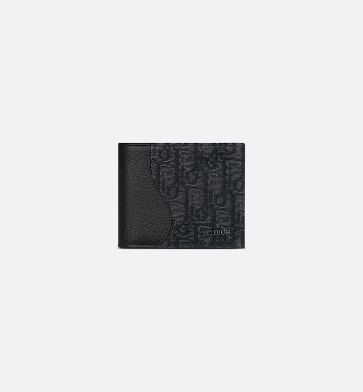 Saddle Bifold Wallet Black Grained Calfskin Marquetry and Black Oblique Jacquard