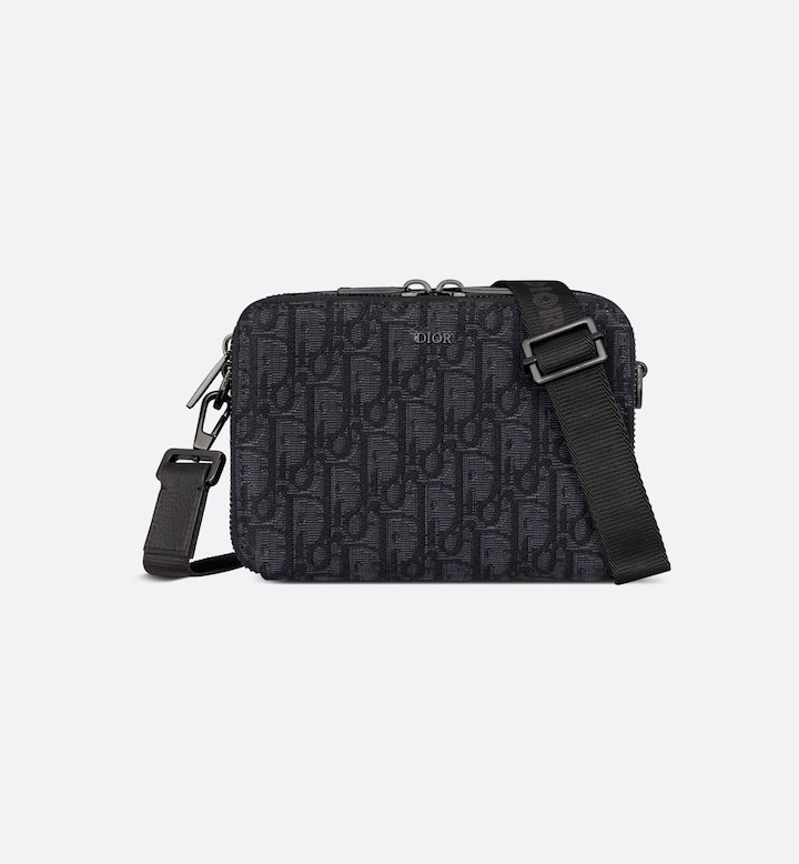 Zipped Pouch with Strap Black Oblique Jacquard