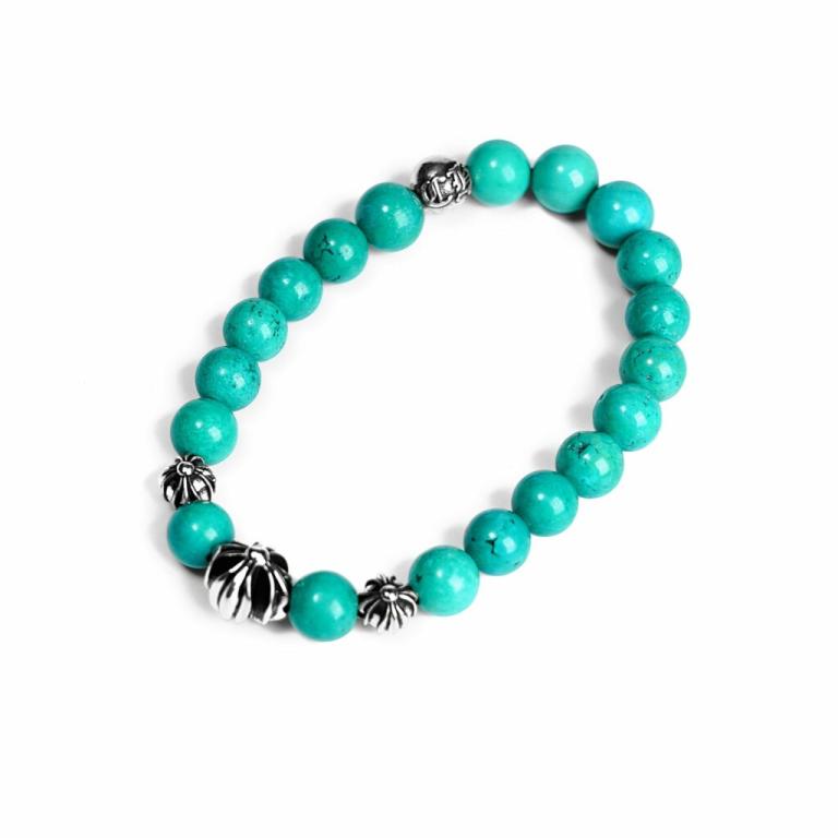 TURQUOISE BEAD BRACELET 8MM (4 SILVER BEADS)