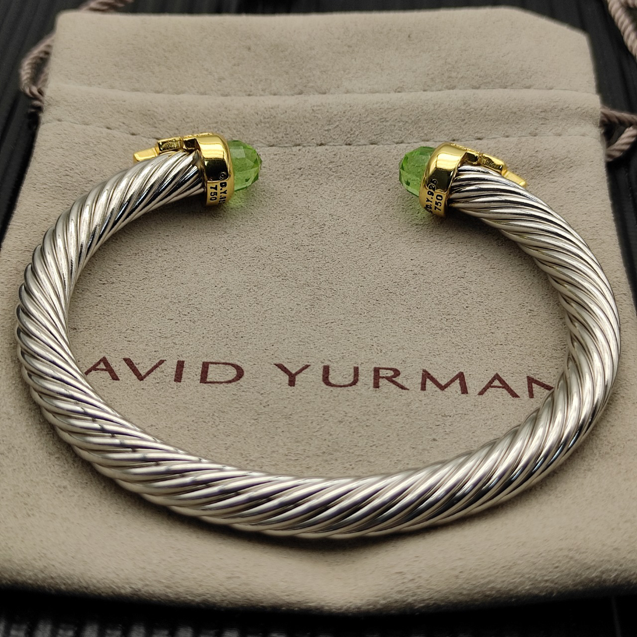 7mm Cable Bracelet with Light Green & Diamond Accents – Gold Cap
