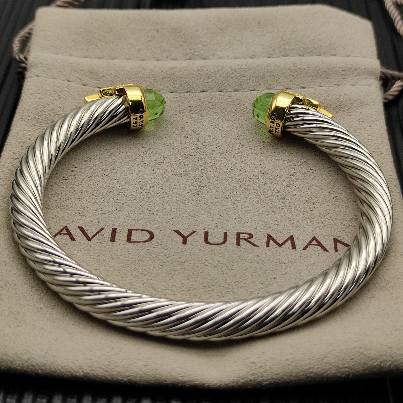 7mm Cable Bracelet with Light Green & Diamond Accents – Gold Cap