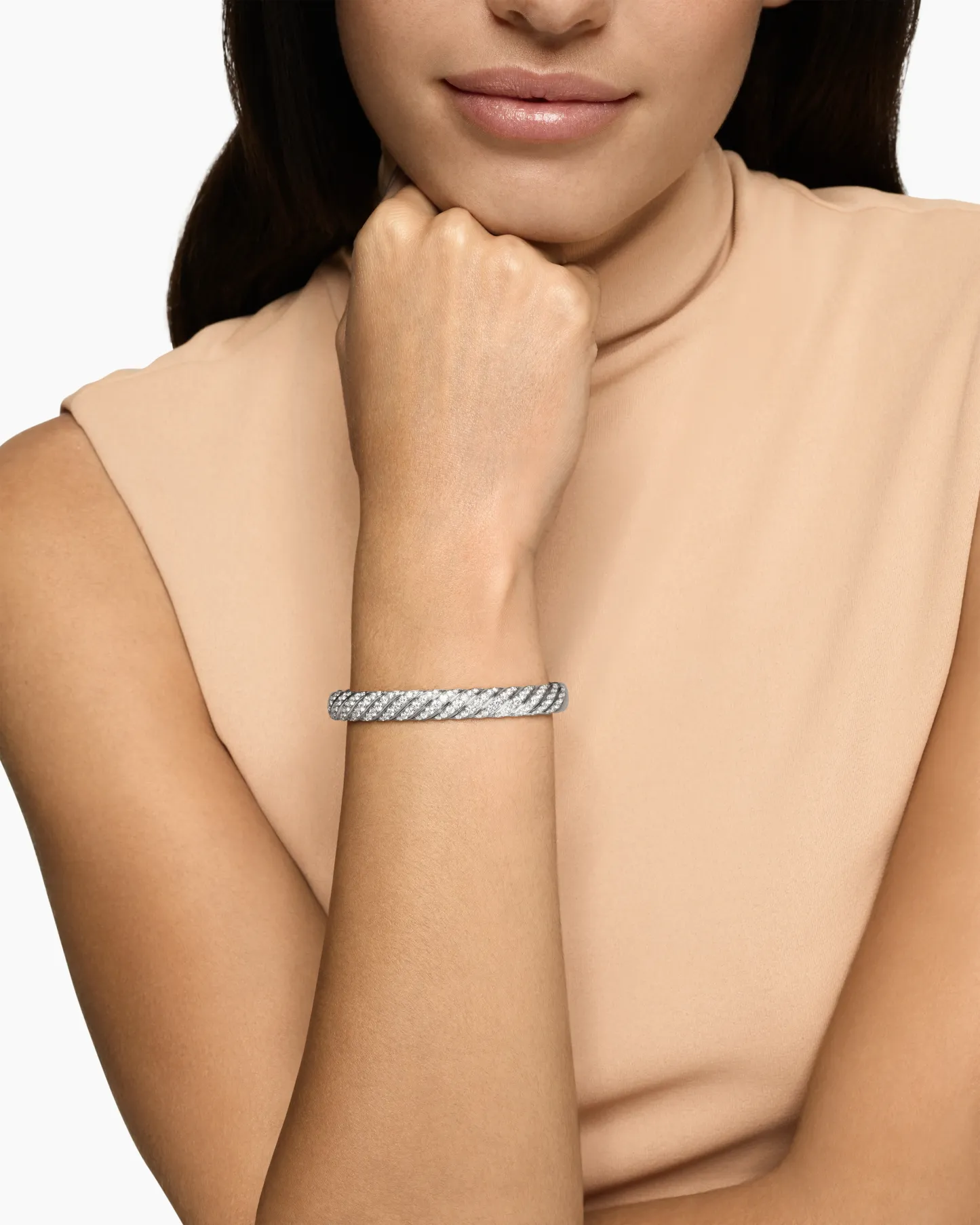 Sculpted Cable Bangle Bracelet 18K White Gold with Diamonds,  6.2mm