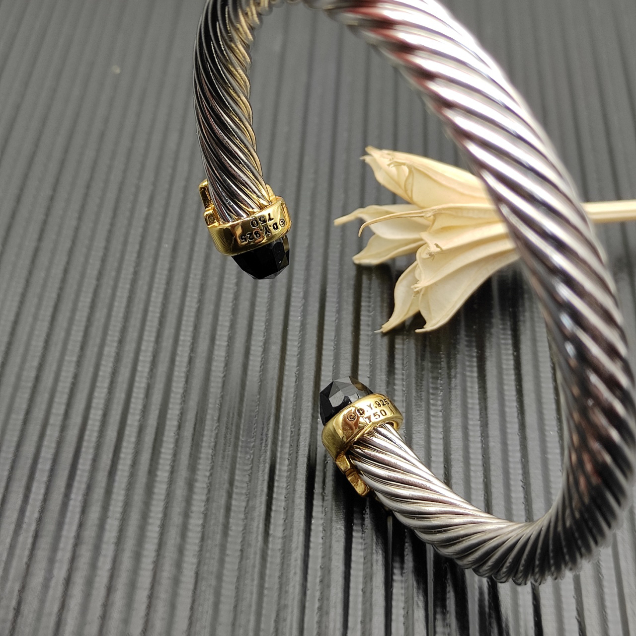 7mm Cable Bracelet with Black & Diamond Accents – Gold Cap