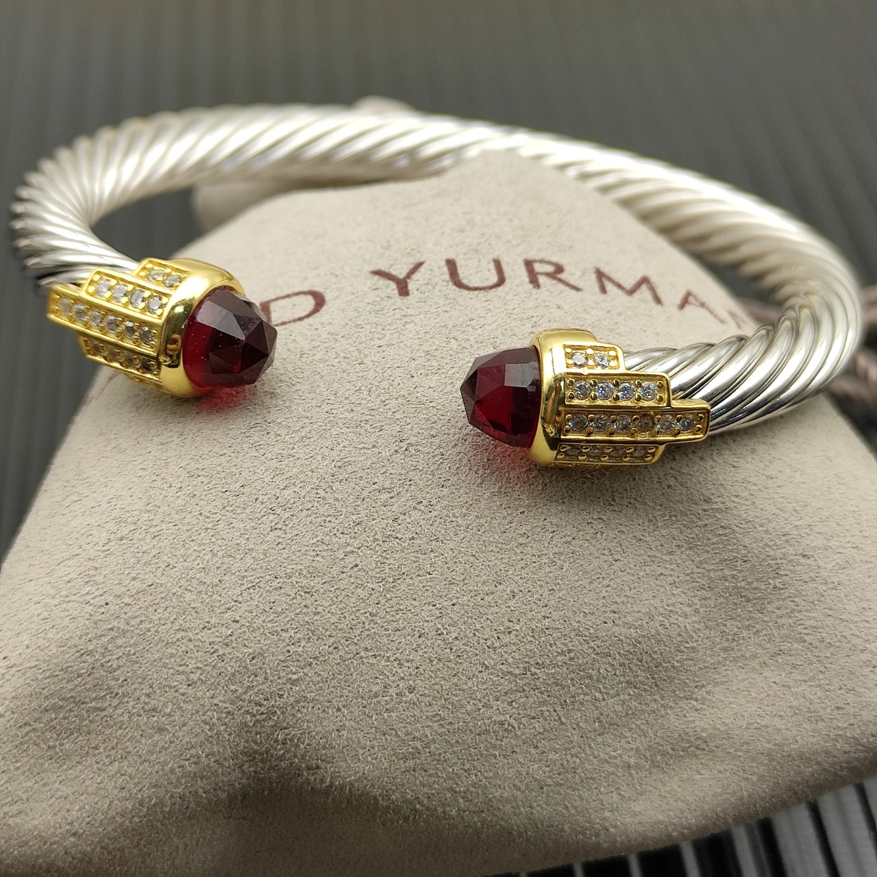 7mm Cable Bracelet with Red & Diamond Accents – Gold Cap