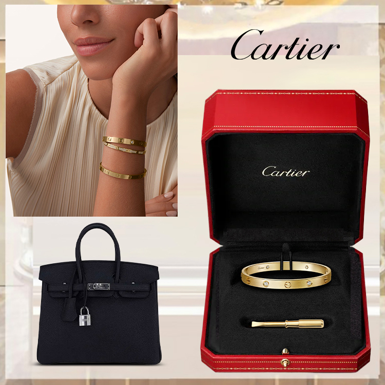 LOVE BRACELET, CLASSIC MODEL, BRUSHED, 4 DIAMONDS & HERthtMES BIRKIN 25 BAG