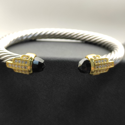 7mm Cable Bracelet with Black & Diamond Accents – Gold Cap