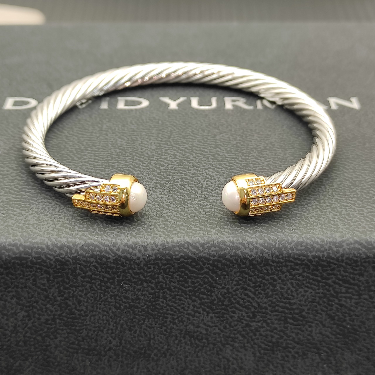 5mm Cable Bracelet with Pearl White Topaz & Diamond Accents