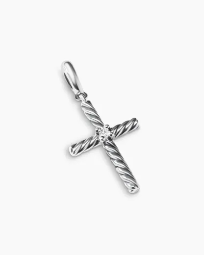 Classic Cable Cross Pendant Sterling Silver with Center Diamond, 19.5mm
