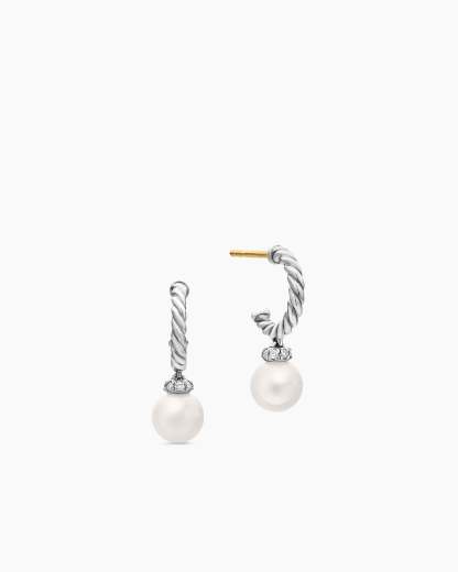 Pearl and Pavé Solari Drop Earrings Sterling Silver with Pearls and Diamonds, 18.4mm