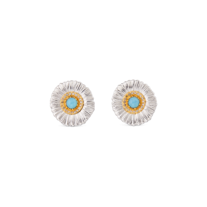 BLOSSOMS SILVER BUTTON EARRINGS WITH FANCY BROWN DIAMONDS AND LIGHT BLUE AGATE