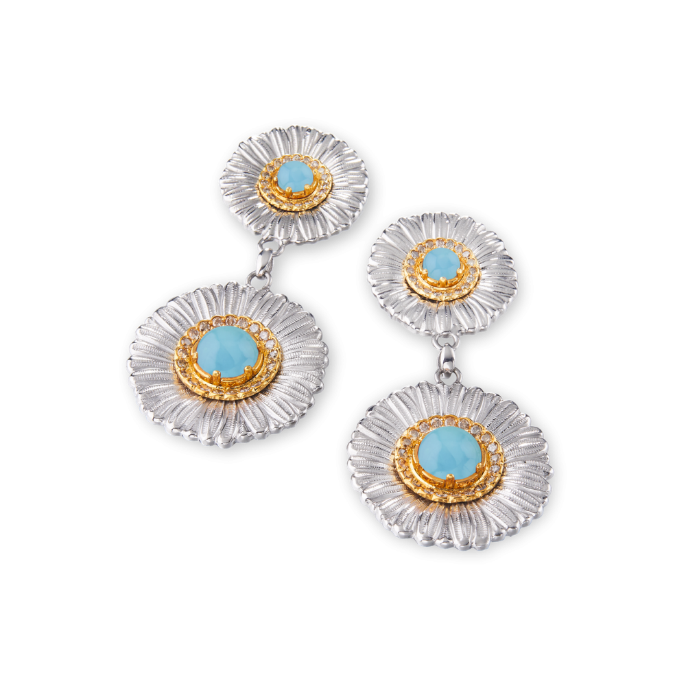 BLOSSOMS SILVER EARRINGS WITH FANCY BROWN DIAMONDS AND LIGHT BLUE AGATE