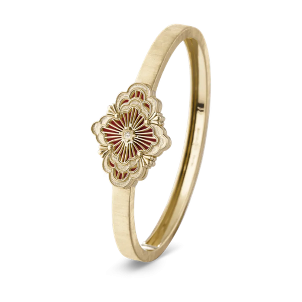 OPERA TULLE YELLOW GOLD BANGLE BRACELET WITH RED ENAMEL BACKGROUND
