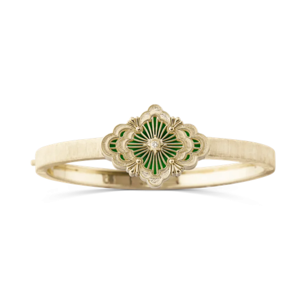 OPERA TULLE GOLD BANGLE BRACELET WITH GREEN ENAMEL BACKGROUND
