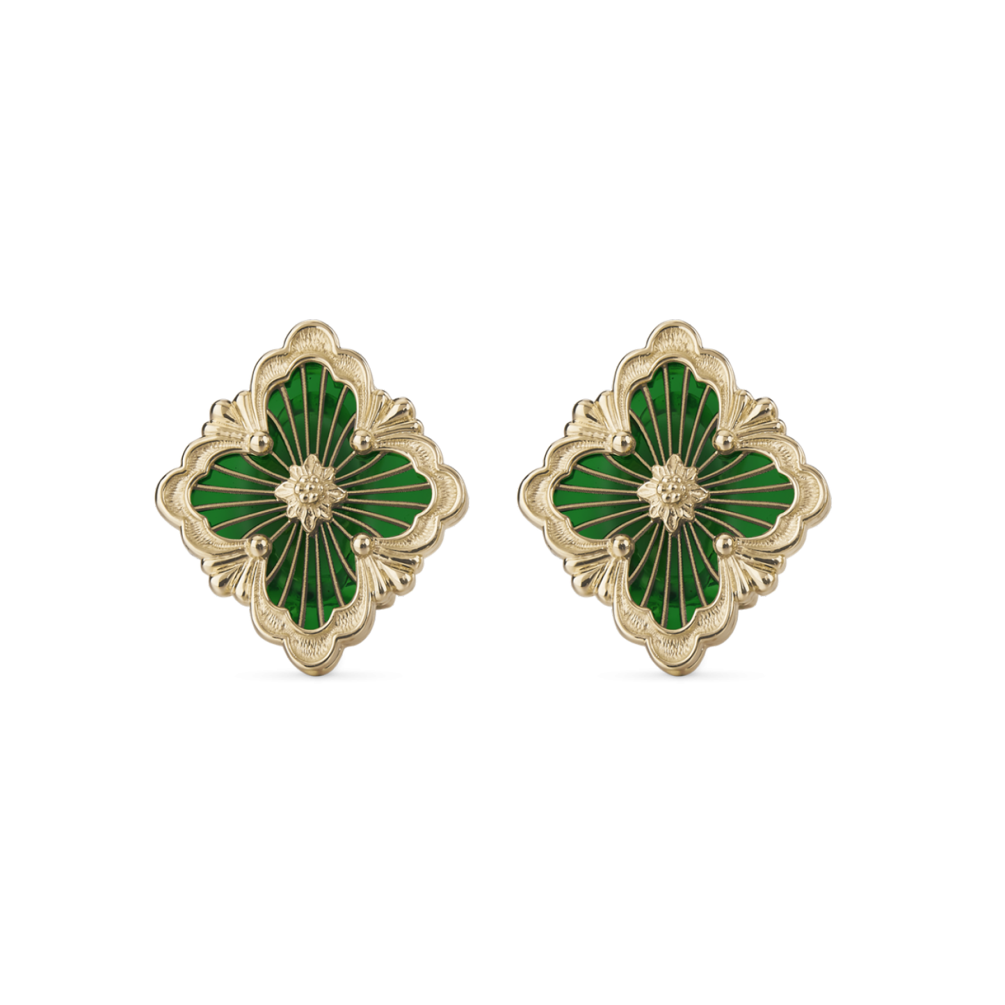 OPERA TULLE YELLOW GOLD BUTTON EARRINGS WITH GREEN ENAMEL ELEMENT