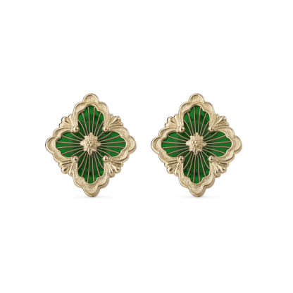 OPERA TULLE YELLOW GOLD BUTTON EARRINGS WITH GREEN ENAMEL ELEMENT