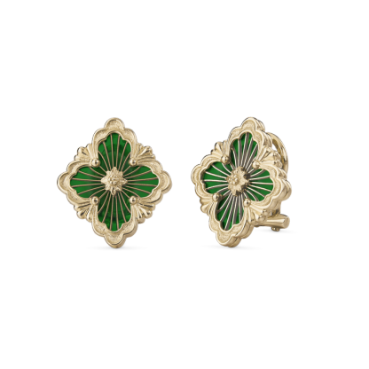 OPERA TULLE YELLOW GOLD BUTTON EARRINGS WITH GREEN ENAMEL ELEMENT