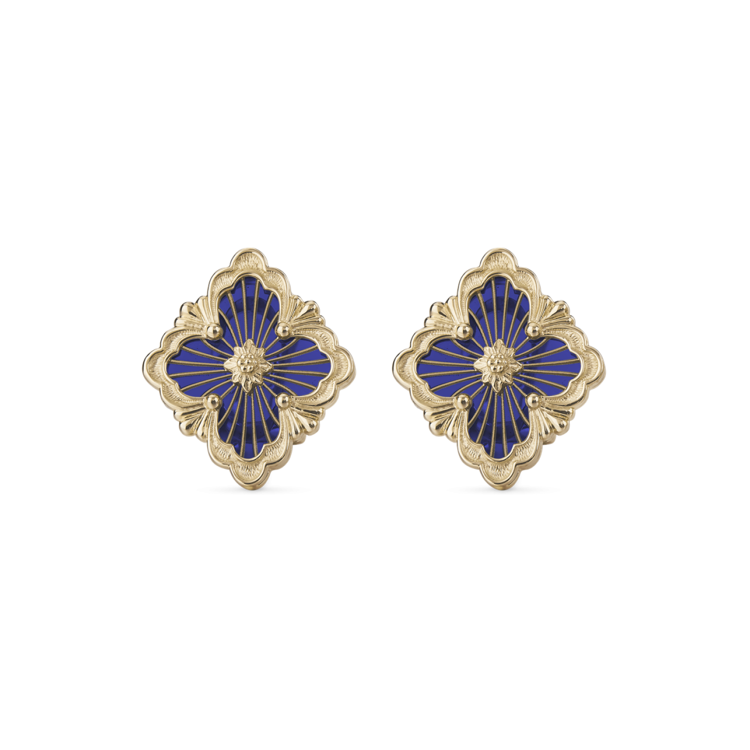 OPERA TULLE YELLOW GOLD BUTTON EARRINGS WITH BLUE ENAMELED ELEMENT