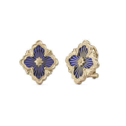 OPERA TULLE YELLOW GOLD BUTTON EARRINGS WITH BLUE ENAMELED ELEMENT