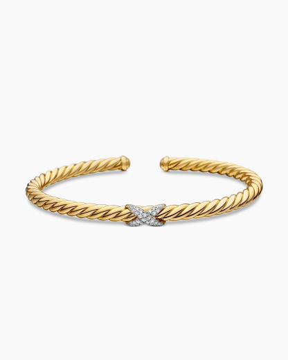 X Cablespira® Station Bracelet 18K Yellow Gold with Pavé Diamonds, 4mm