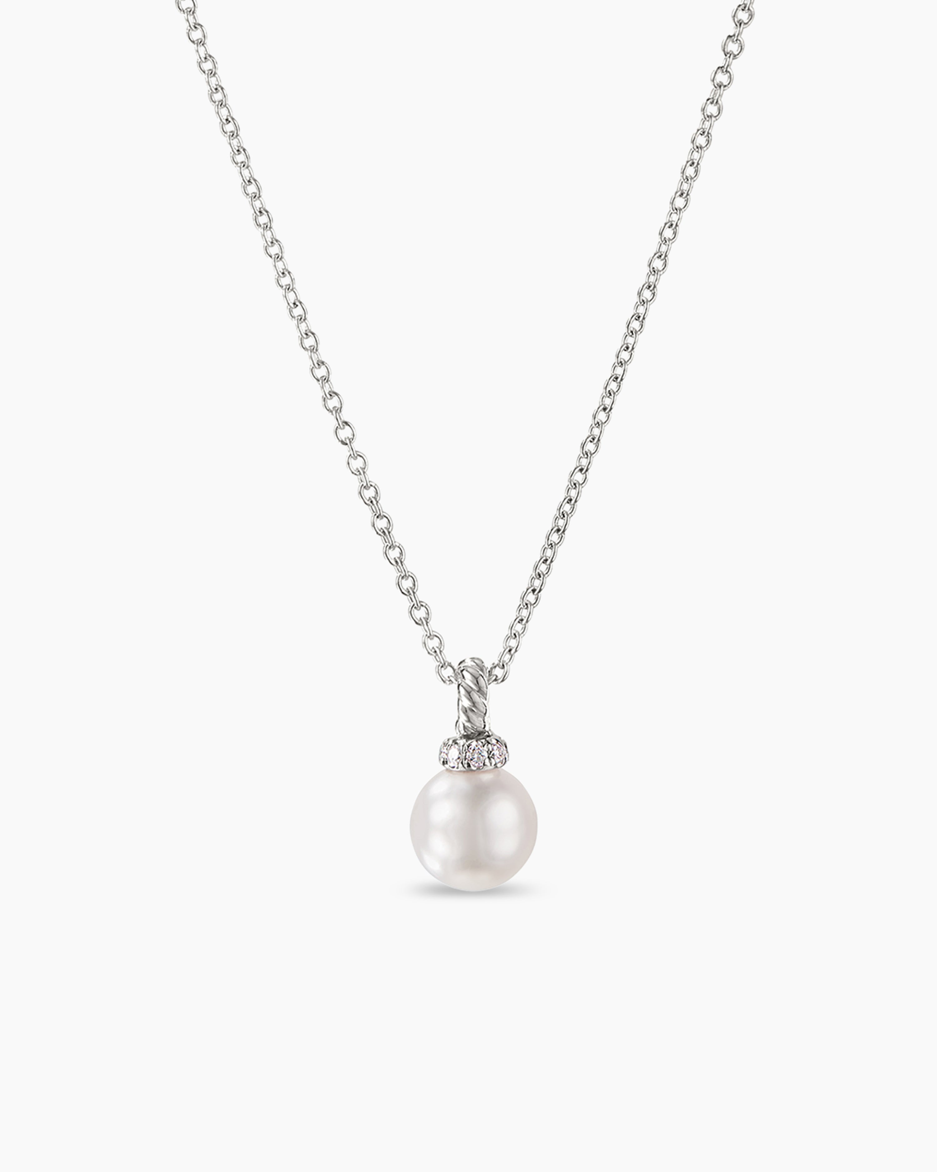 Petite Solari Pendant Necklace 18K White Gold with Pearl and Diamonds, 11.5mm