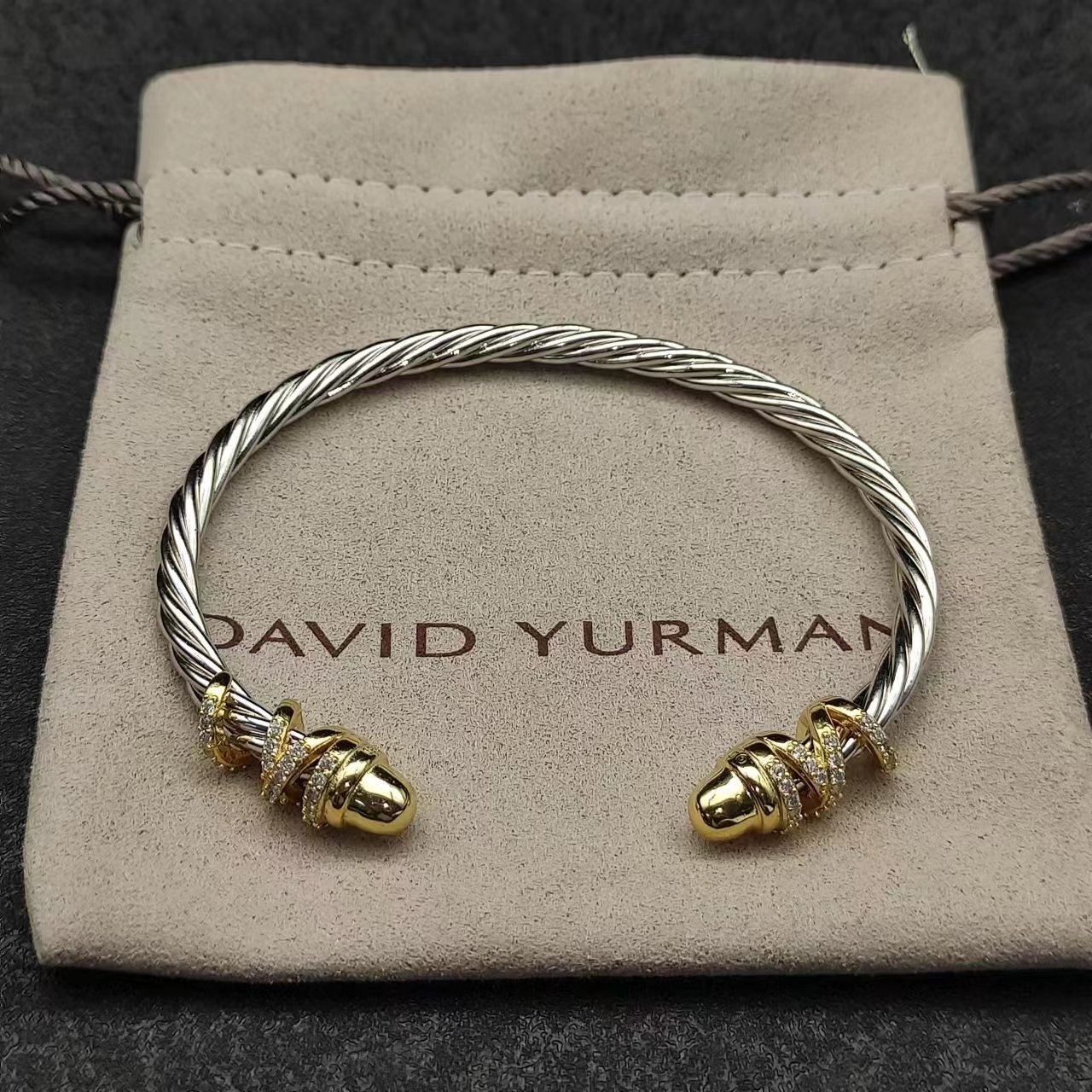 Petite Helena Classic Cable Bracelet Sterling Silver with 18K Yellow Gold, Gold Domes and Diamonds, 4mm