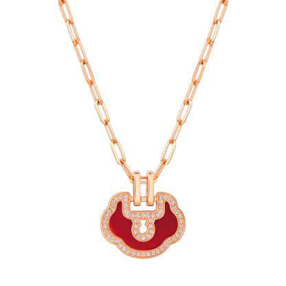 Small Yu Yi necklace in 18K rose gold with diamonds and red agate