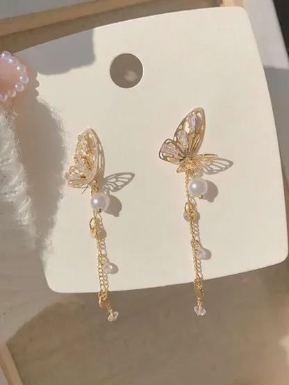 Faux Pearl & Rhinestone Decor Butterfly Drop Earrings