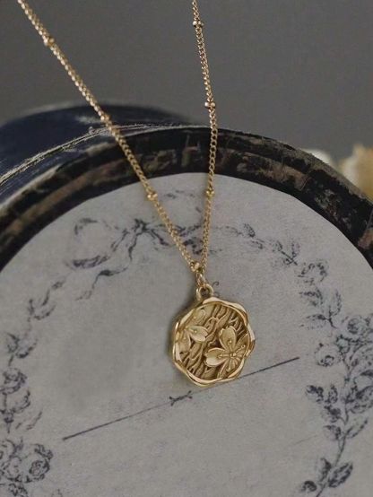 1pc Round Plate Peach Blossom Imprint Pendant Necklace Non-Fading