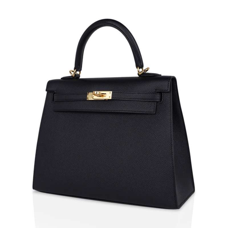Kelly Sellier 25 Bag Black Epsom Gold Hardware New