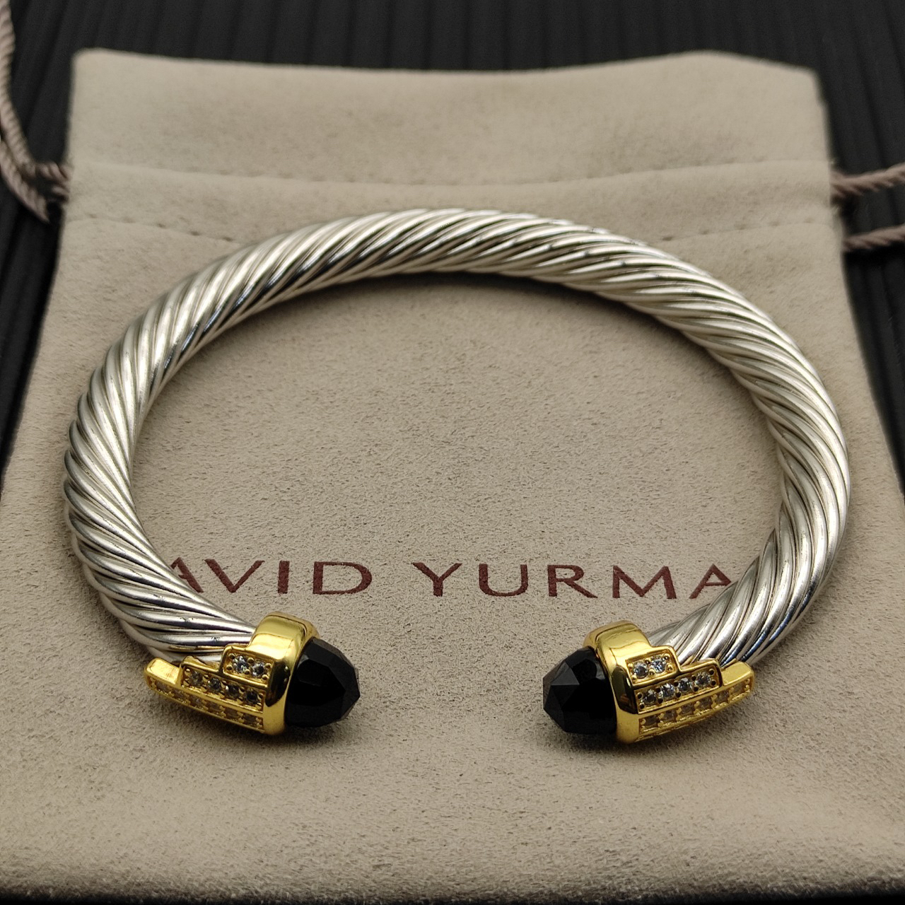 7mm Cable Bracelet with Black & Diamond Accents – Gold Cap