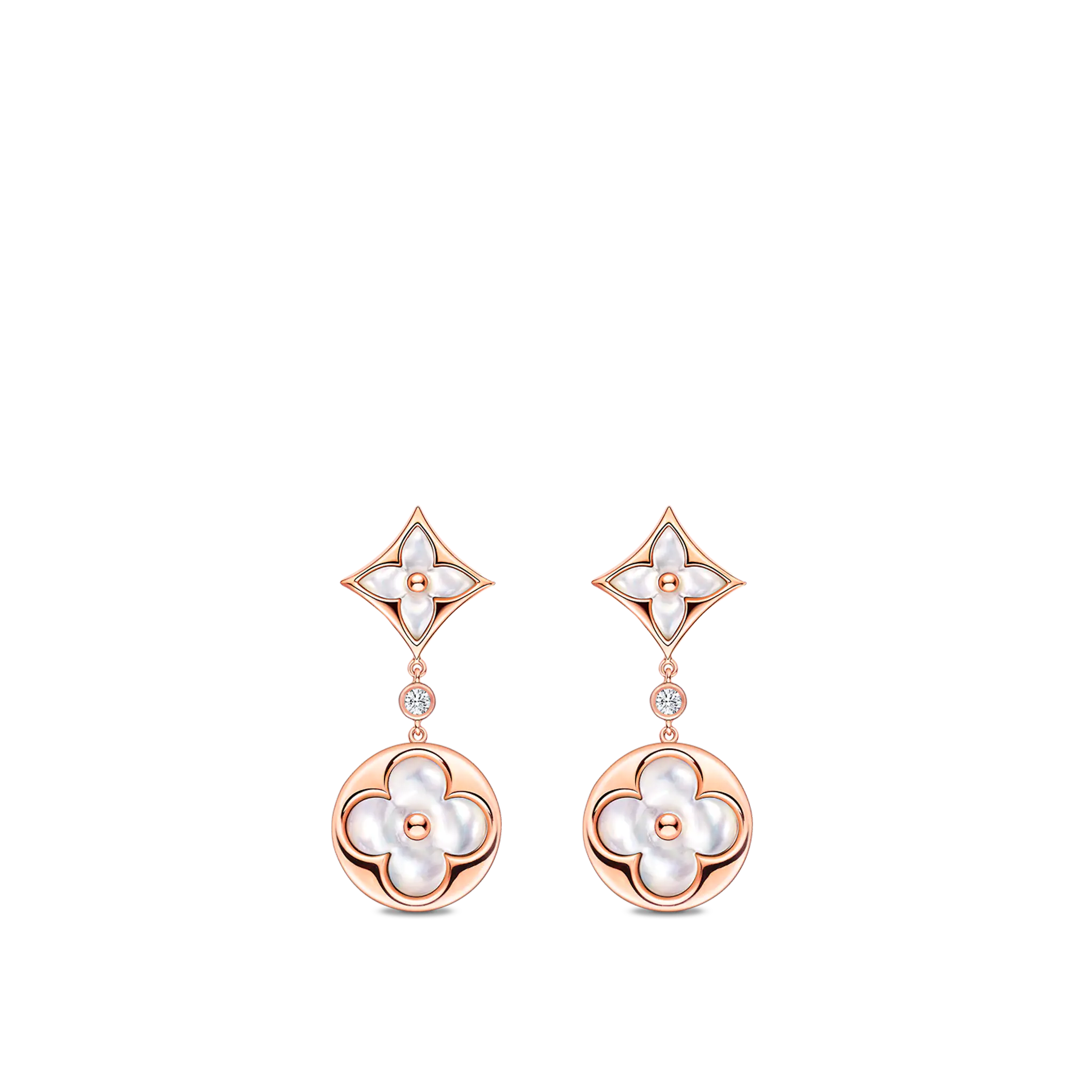 Color Blossom Long Earrings, Pink Gold, White Mother-Of-Pearl And Diamonds