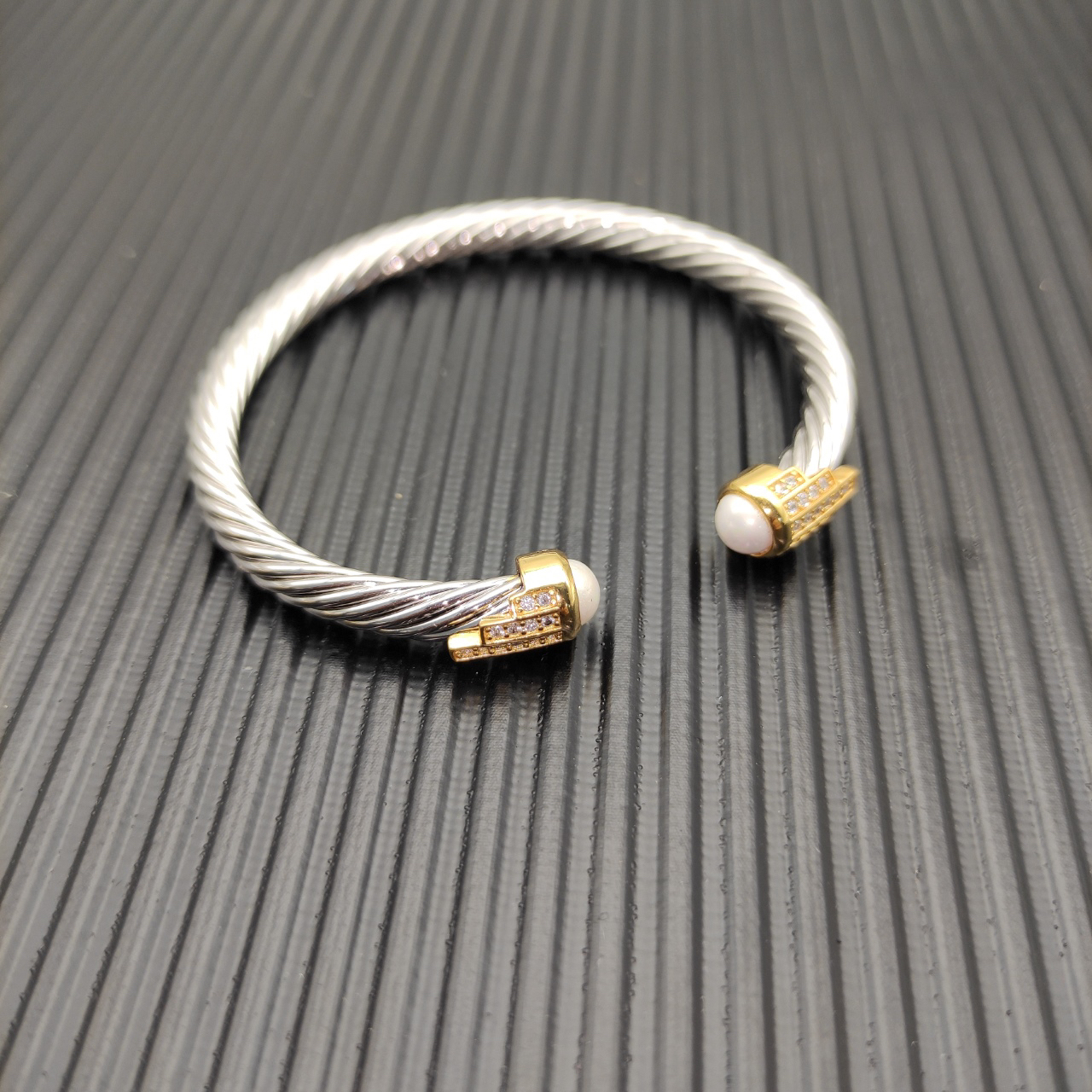 5mm Cable Bracelet with Pearl White Topaz & Diamond Accents