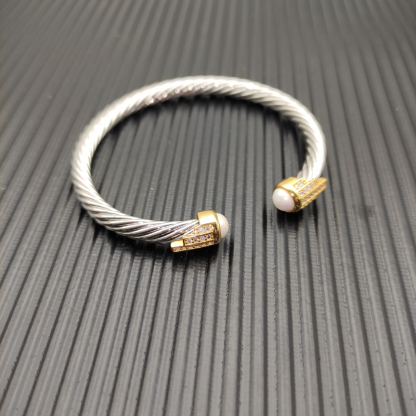 5mm Cable Bracelet with Pearl White Topaz & Diamond Accents