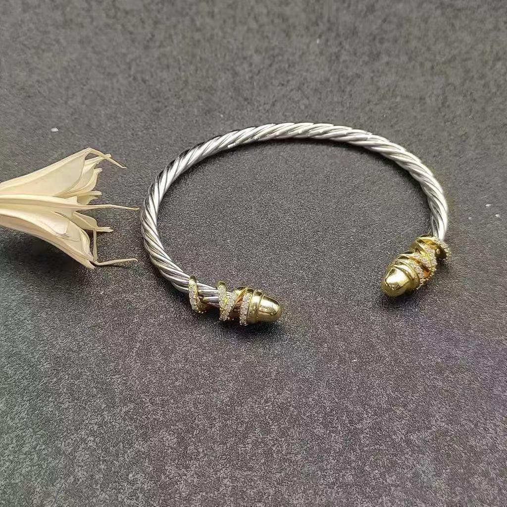 Petite Helena Classic Cable Bracelet Sterling Silver with 18K Yellow Gold, Gold Domes and Diamonds, 4mm