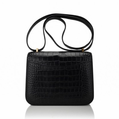 Mini Constance 18 Bag Black Matte Alligator with Gold Hardware and Mirror