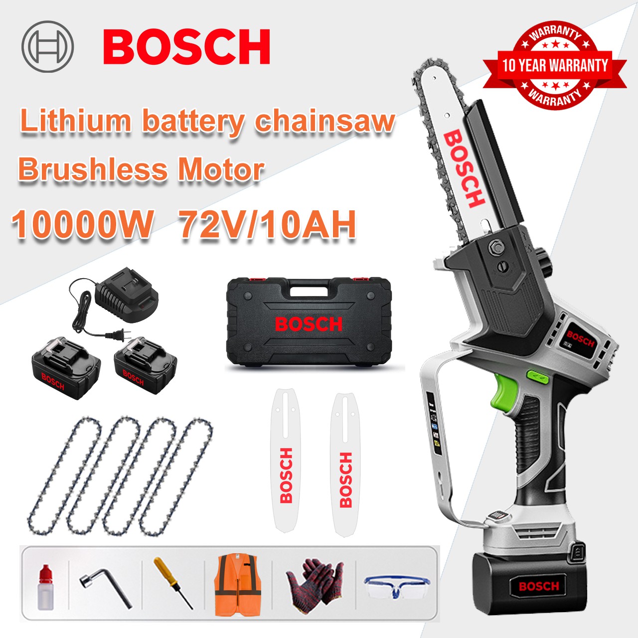 Zmogljiva brezkrtačna verižna žaga Bosch 12000 W 96 V z litijevo baterijo