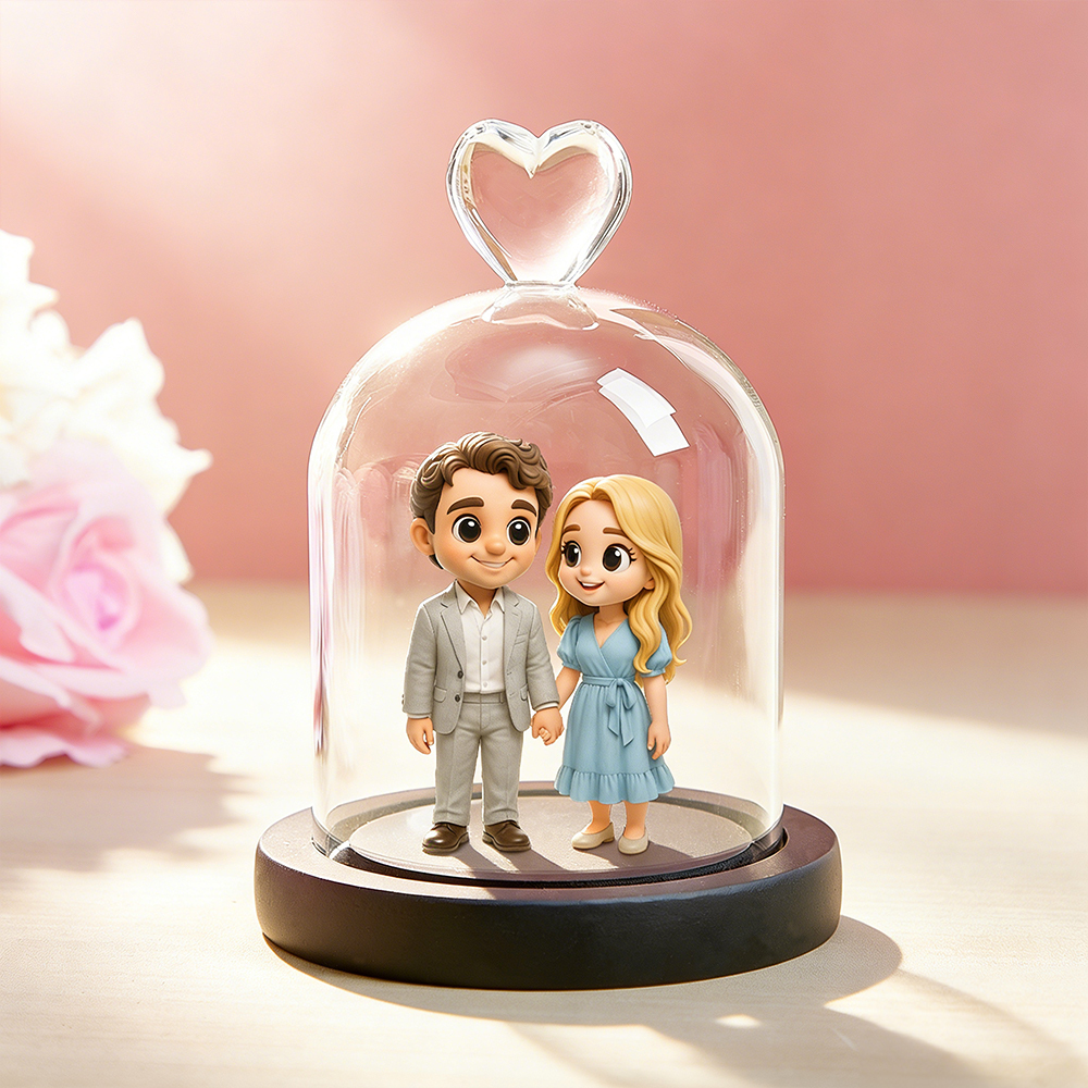Custom 3D Figurine Couple From Your Photo with Heart Glass Dome Personalized Romantic Keepsake Gift for Anniversary Wedding Valentine