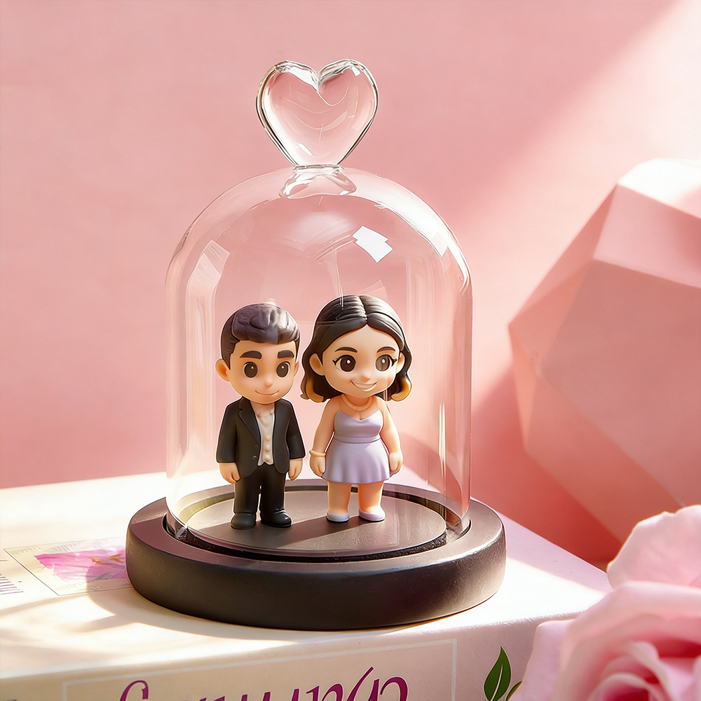 Custom 3D Figurine Couple From Your Photo with Heart Glass Dome Personalized Romantic Keepsake Gift for Anniversary Wedding Valentine