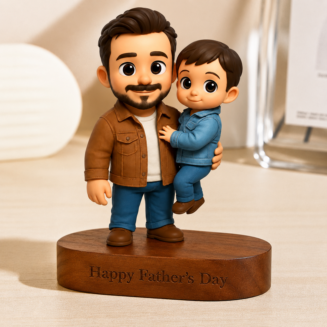 Benutzerdefinierte 3D-Figur vom Foto mit graviertem Holzsockel, personalisierte Nachricht, Ständer aus massivem Holz, einzigartiges Vatertagsgeschenk für Papa - 