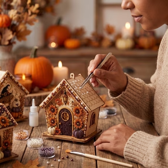 5D-Diamantmalerei-Set Mit Holzhausmotiv – DIY-Bastelset Für Die Saison Mit Perlen – Einzigartiges Halloween-Geschenk - 