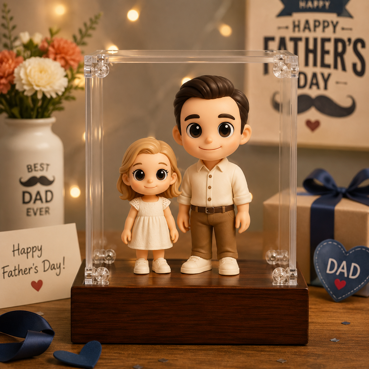 Individuelle 3D-Figur vom Foto mit Acryl-Vitrine, personalisiertes Vatertagsgeschenk für Papa - 