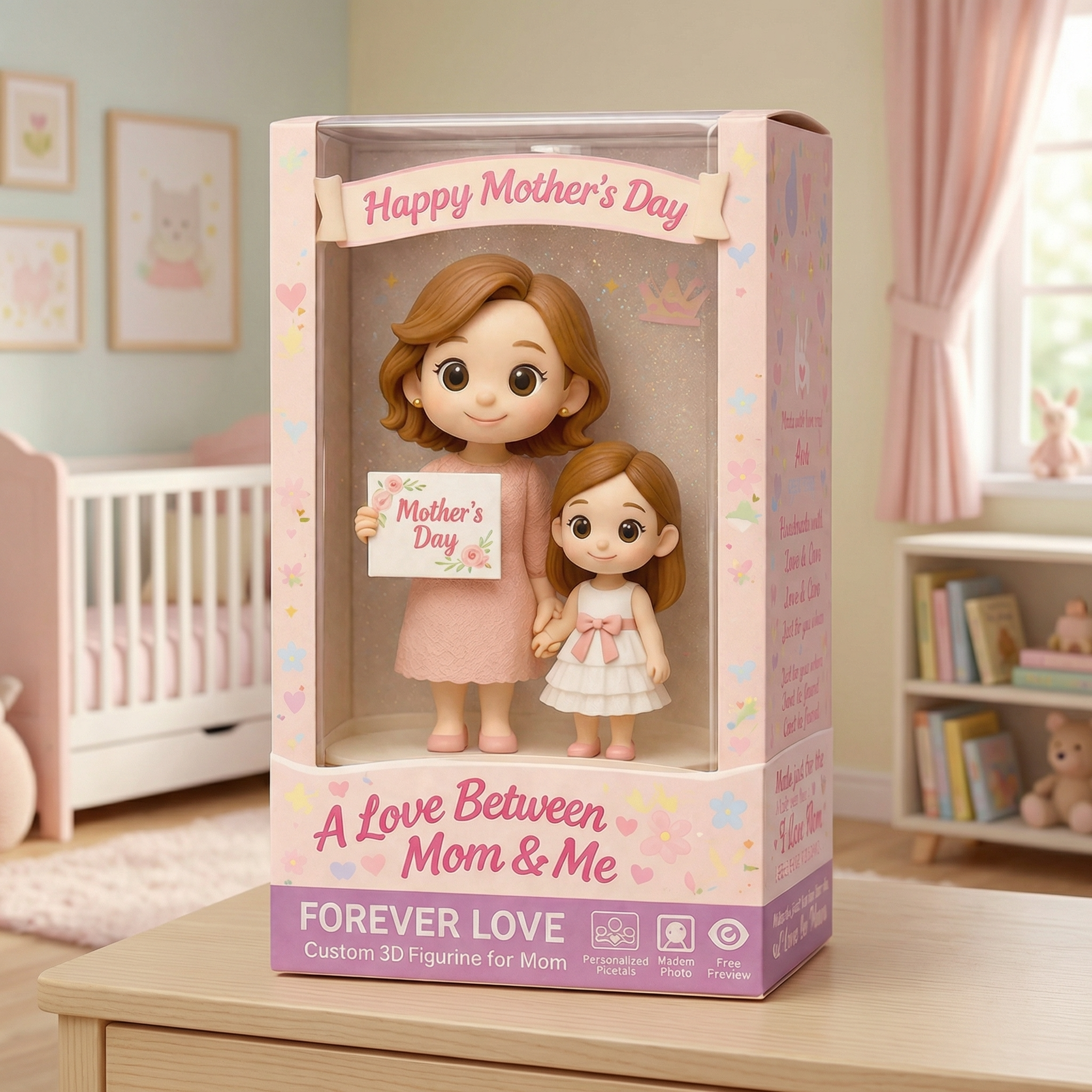 Personalisierte 3d-cartoonfigur Nach Foto – Muttertagsgeschenk Mit Niedlicher Chibi-figur Für Mutter Und Baby In Einer Floralen Geschenkbox