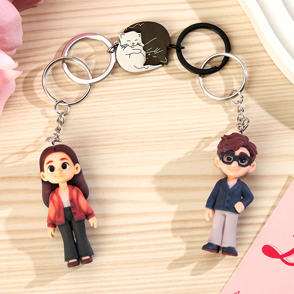 Custom 3D Figurine Keychain From Photo Cat Couple Matching Key Rings Keyring Personalized Romantic Gift for Couples Valentines Day Anniversary