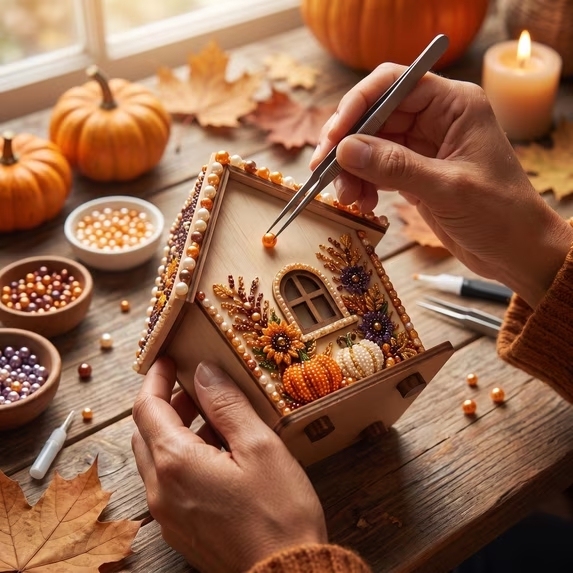 5D-Diamantmalerei-Set Mit Holzhausmotiv – DIY-Bastelset Für Die Saison Mit Perlen – Einzigartiges Halloween-Geschenk - 
