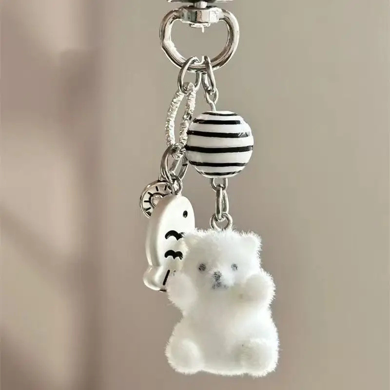 Cute Flocked White Arctic Animal Keychain Soft Plush-Feel Trendy Bag Charm & Hanging Accessory