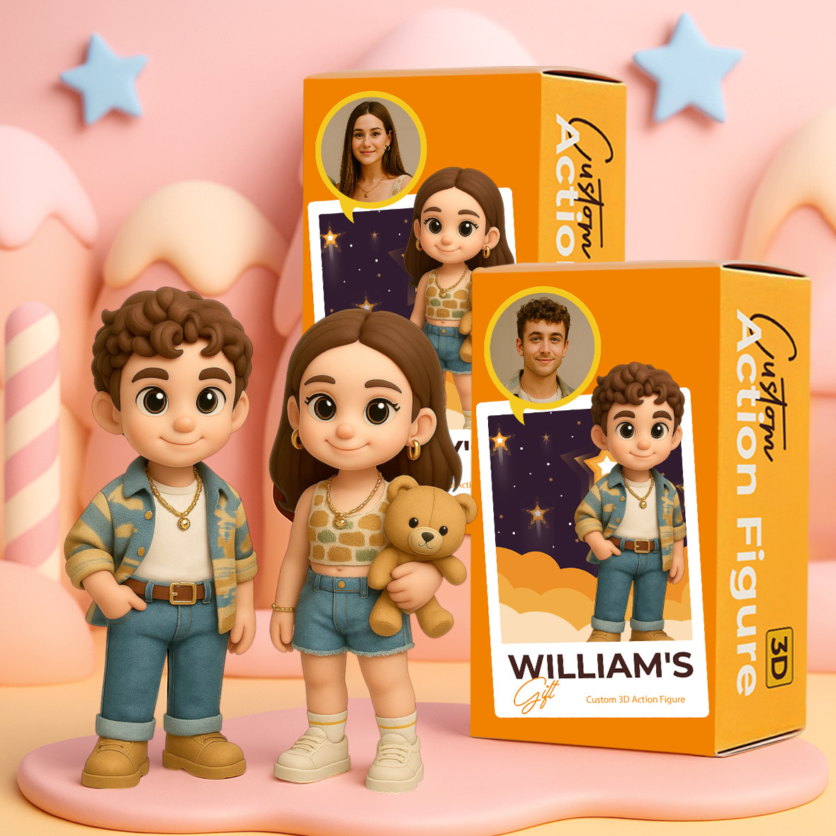 Personalized 3D Duo Figurines Custom Cartoon Style Characters from Photo Unique Gift for Couples Friends or Siblings with Name Box Option