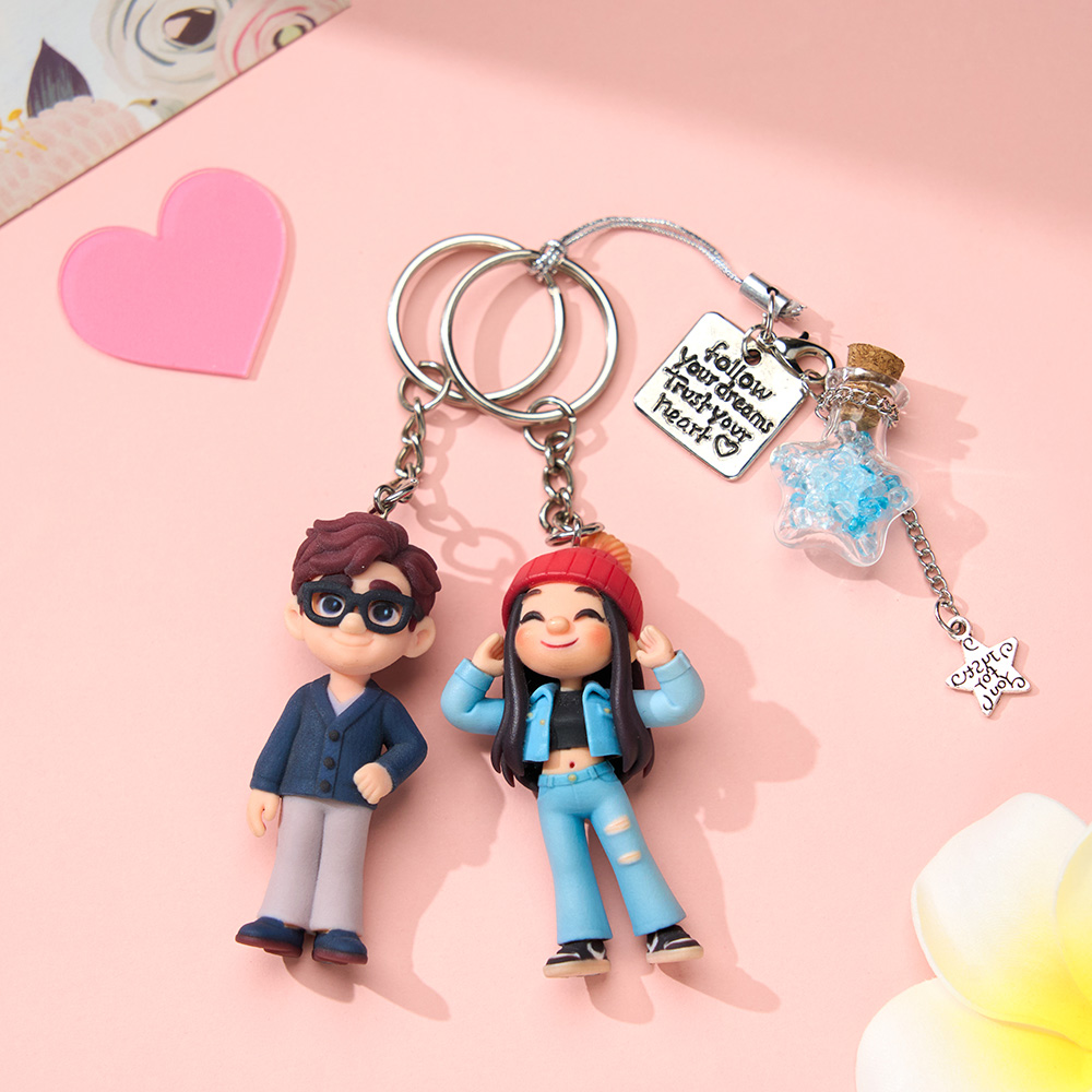 Personalized Figure Keychain from Your Photo with Drift Bottle Accessory Romantic Gift for Her Unique gifts for Birthday Valentine's Day Anniversary