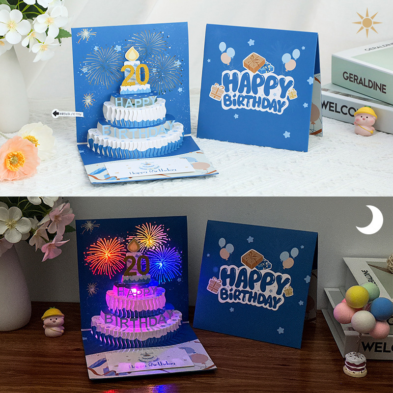 Musical 3D Pop-Up Birthday Cake Card with Firework Light Effects Blow-to-Light Candle Interactive Foldable Greeting Card