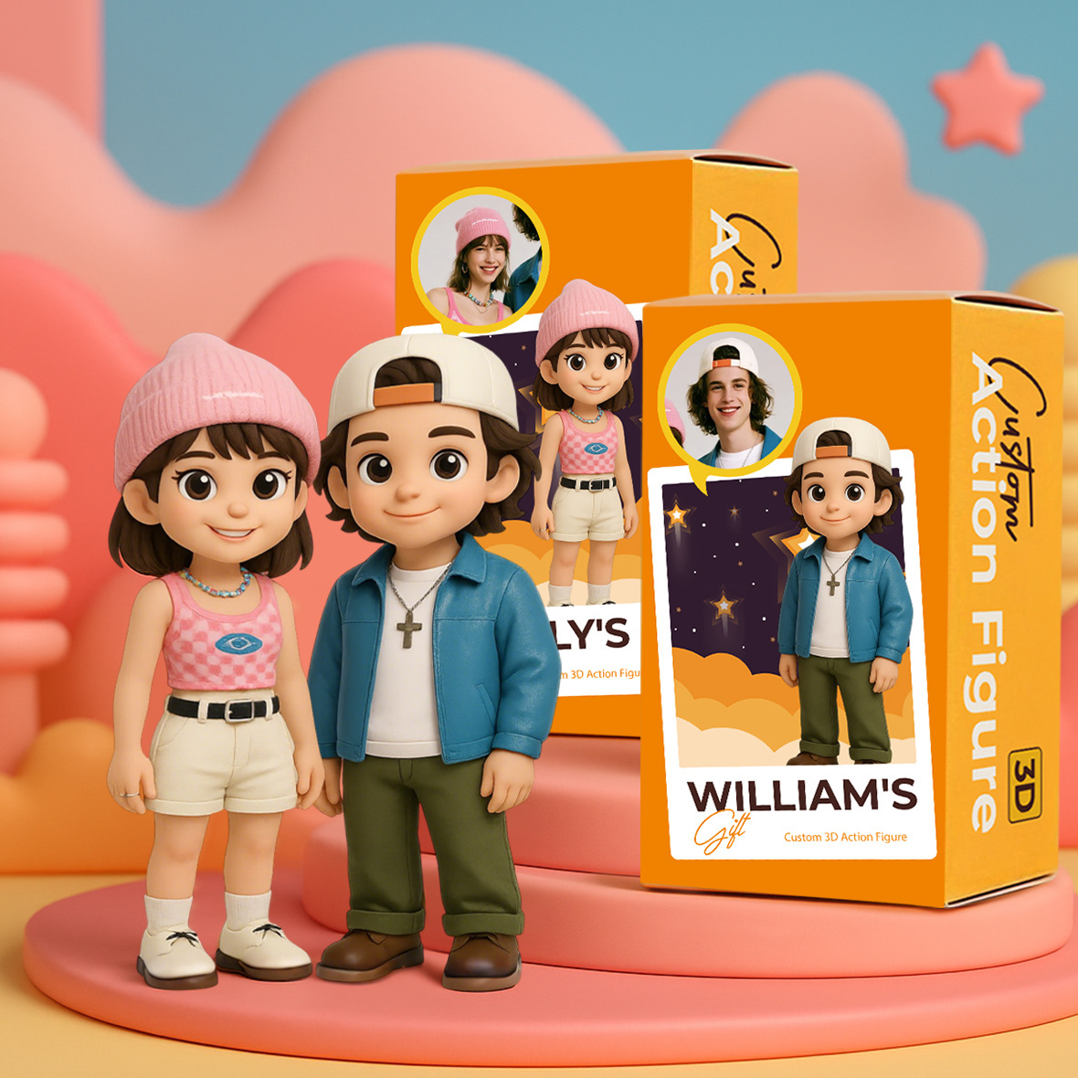 Custom Cartoon 3D Couple Figurines Personalized Action Figures with Name Box Based on Photo Cute Style Gift for Anniversary