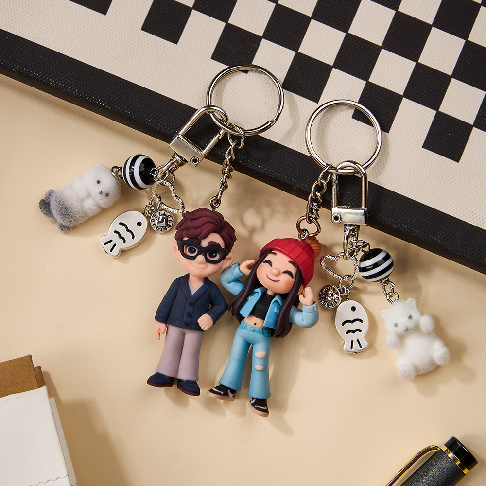 Custom 3D Cartoon Figure Keychain From Your Photo Personalized Keyring Flocked Animal Character Charm Unique Gift For Couples For Him For Her